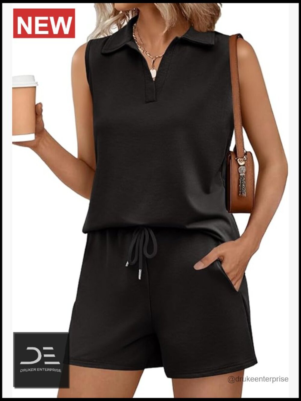 Sleeveless V-Neck Lounge Set with Drawstring Shorts and Side Pockets